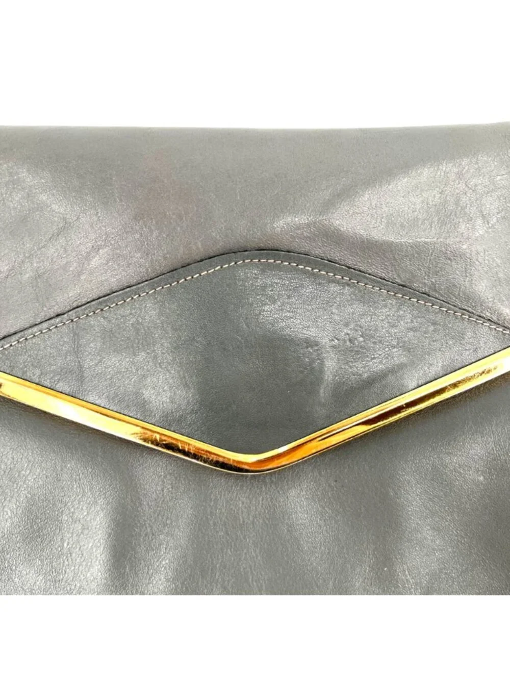 Phillipe 1970s Gray Leather Envelope Clutch Gold Trim Vintage Minimalist